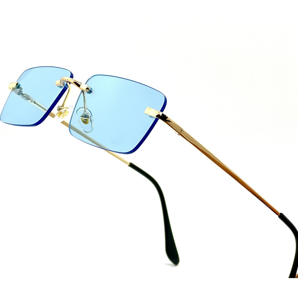 Rimless Sunglasses Blue Lens Gold Frame‎ Rectangle Fashion Tinted Glasses Lentes